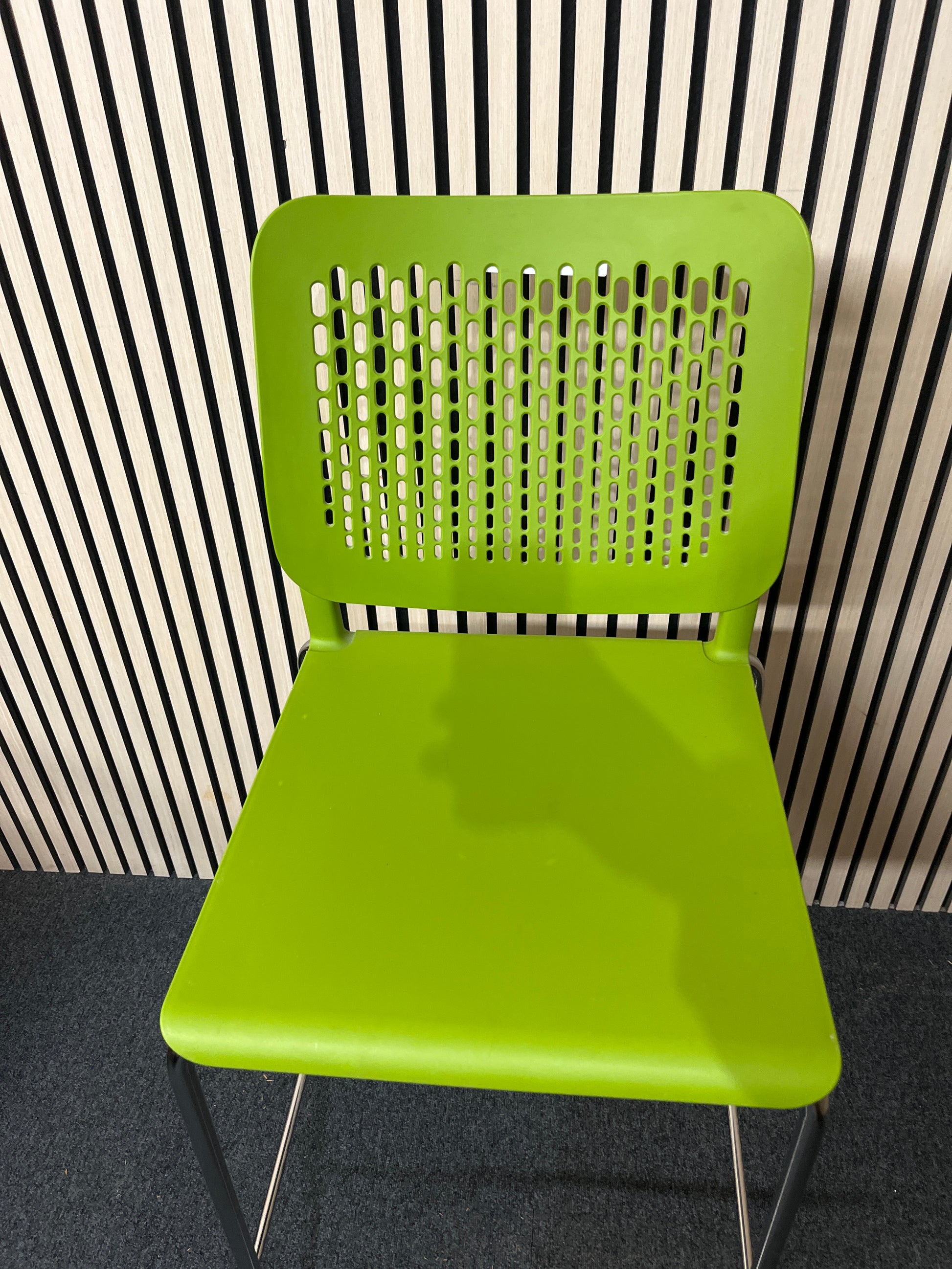 Tall chrome framed cafe stool with foot support and with polyprop lime green seat and back 1425