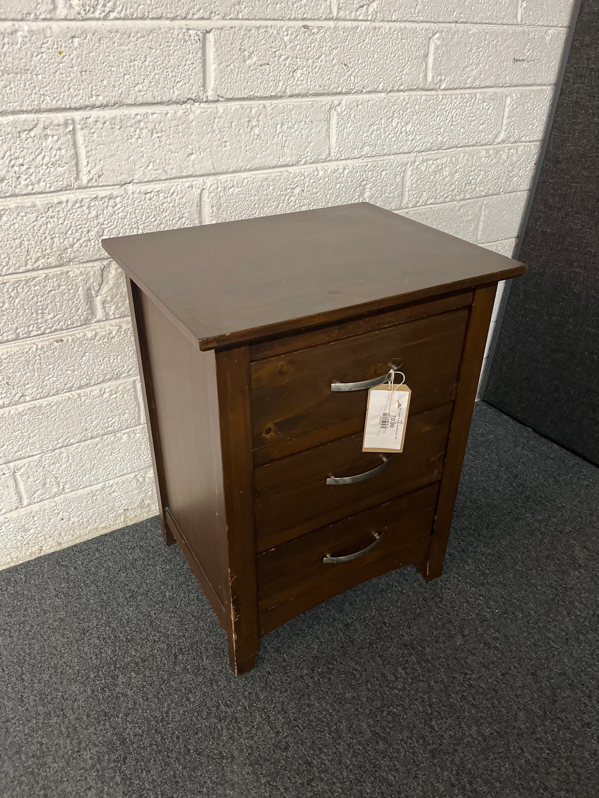 Dark wood stained 3 drawer bedside locker 1225
