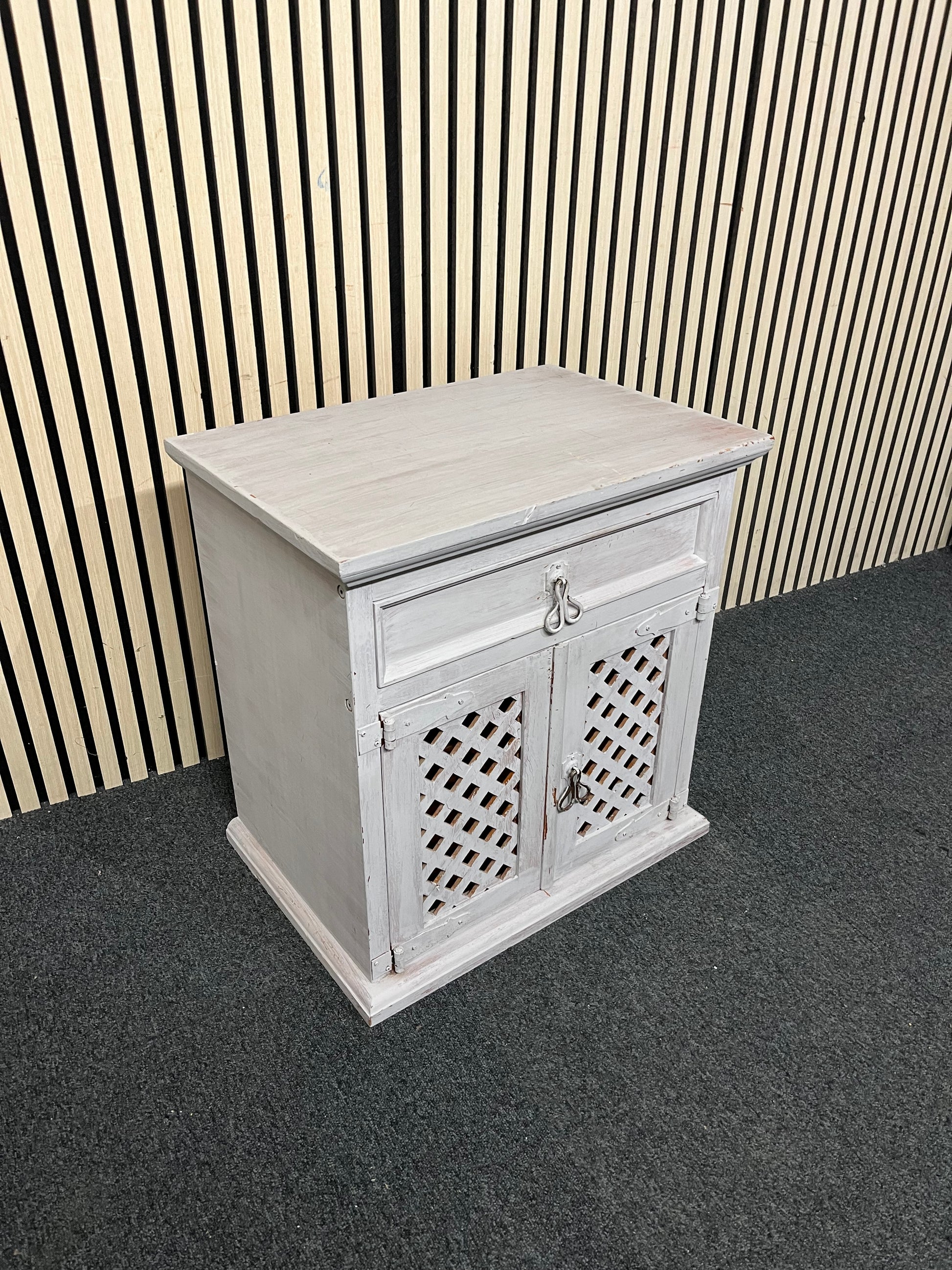 Solid pine grey white washed 2 door 1 drawer bedside locker 1126