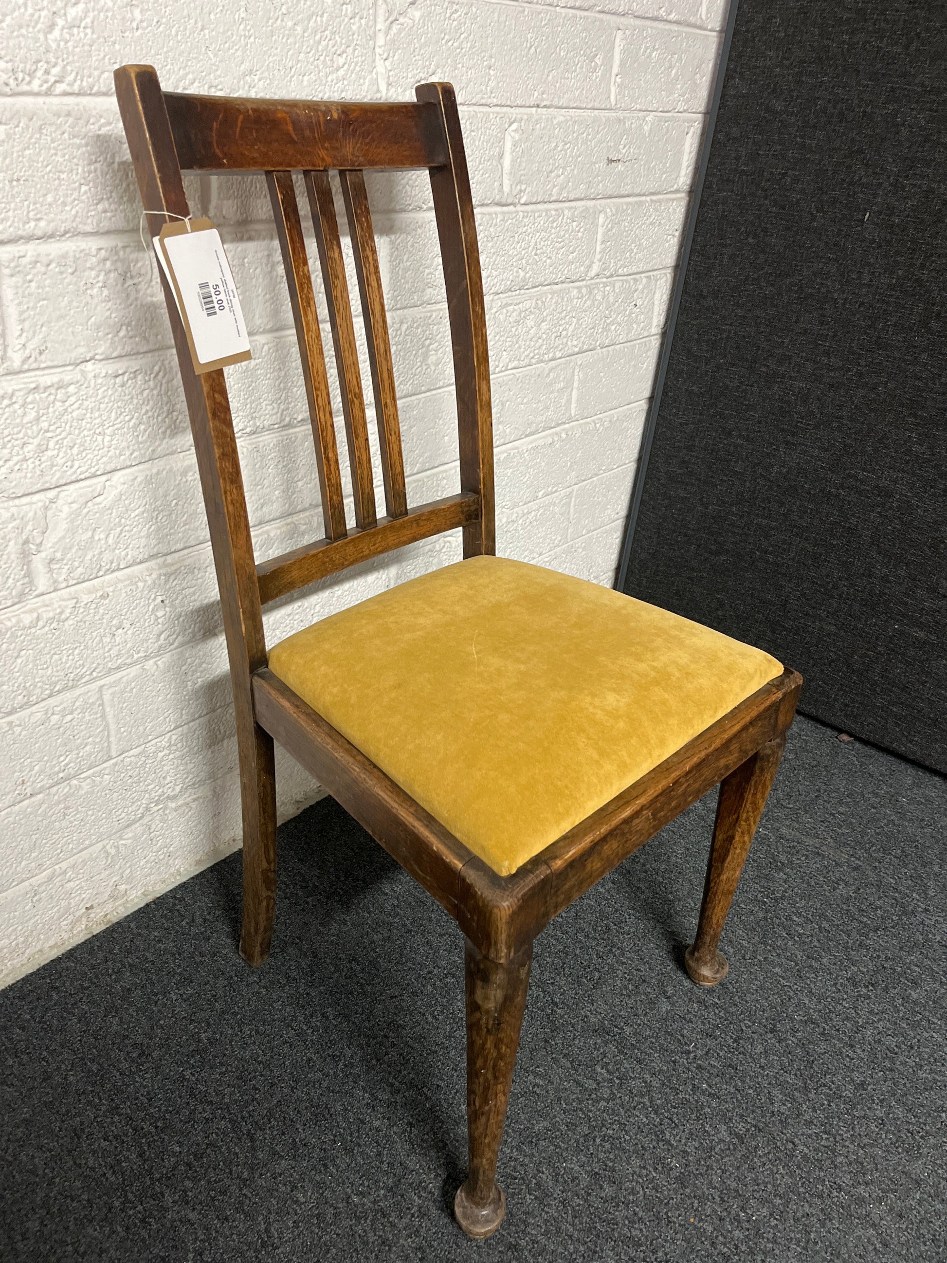 Ornate mahogany slatted back dining chair with mustard yellow fabric seat 2125