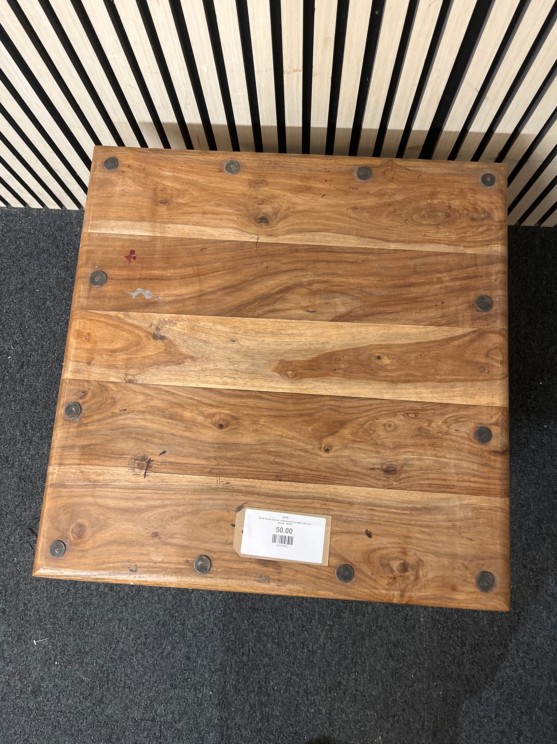 Small square stained solid wood lamp table with iron details 44189