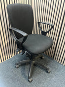 ( GRADE A) White 1400 x 800 desk with grey oak fixed pedestal + (GRADE A) Black fabric swivel chair bundle