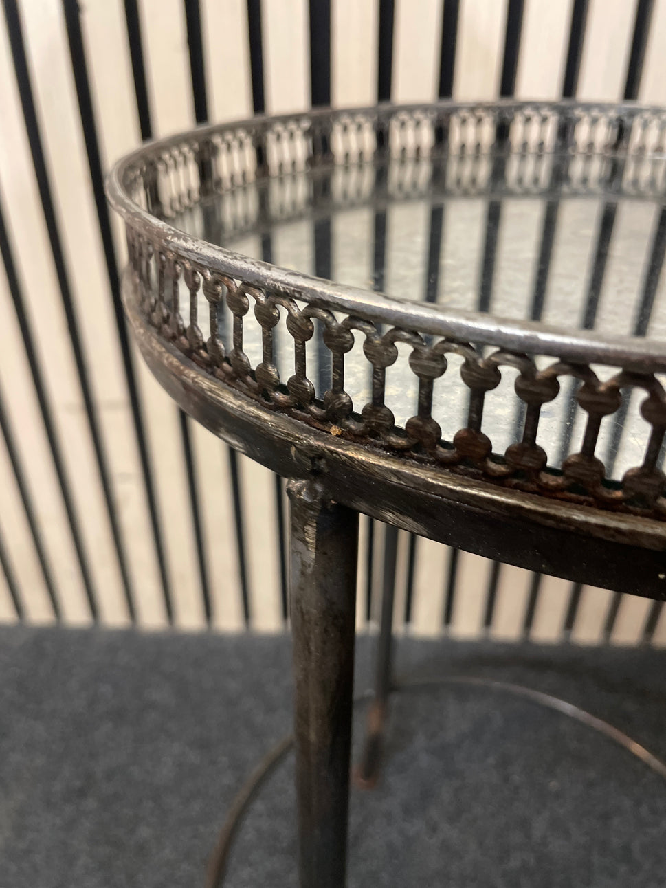 Pair of glass circular tables with metal frame 43332