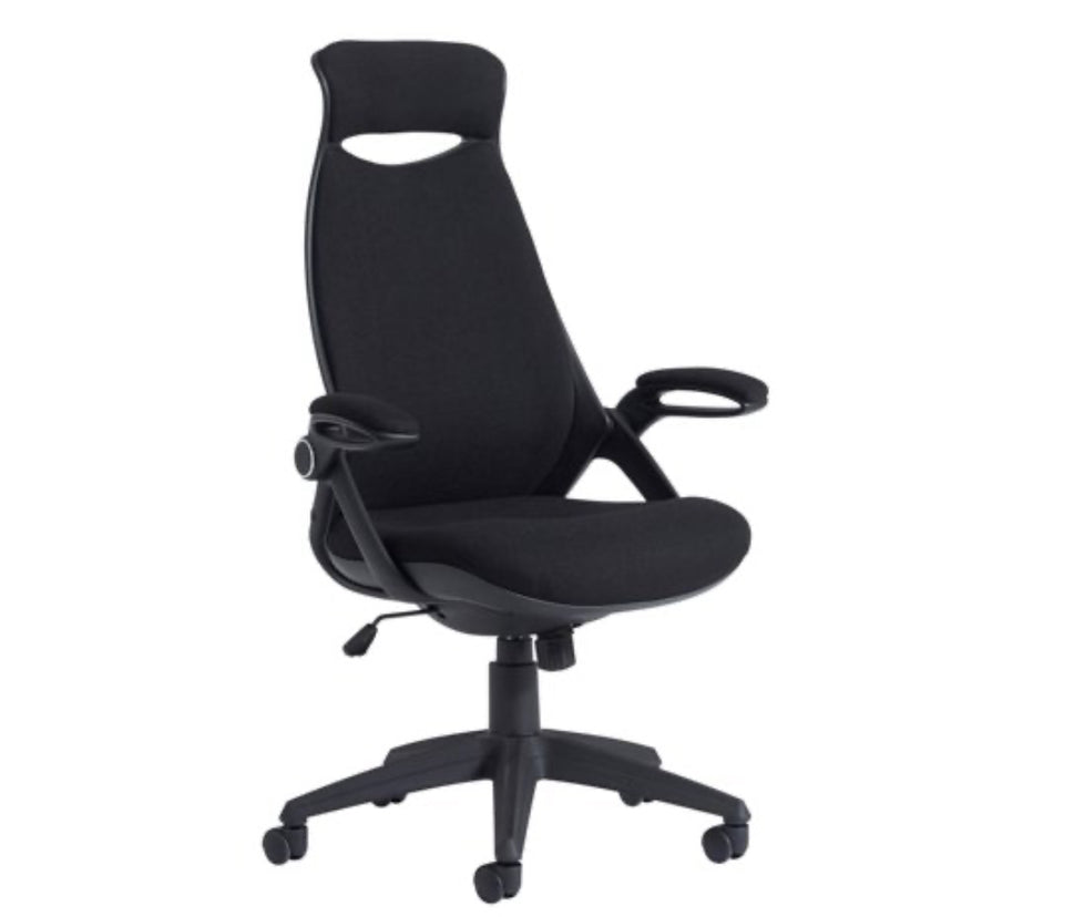 NEW Tuscan high back swivel chair, black fabric seat, fabric back and headrest with pivot arms. PRICE INC VAT