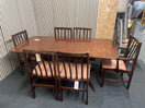 Extending mahogany dining table with six matching slat-back upholstered chairs, width 140 - 182, depth 87 cm 44778