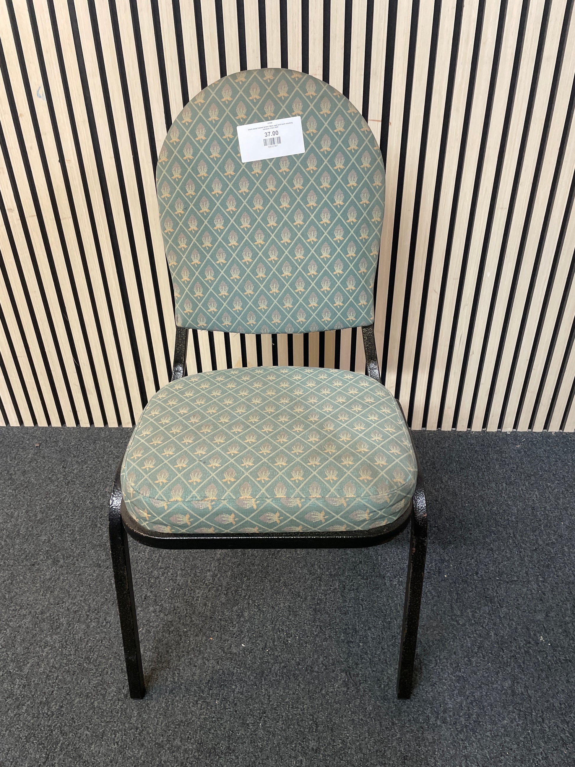 black metal framed green fabric seat and back stacking banquet chair 2425