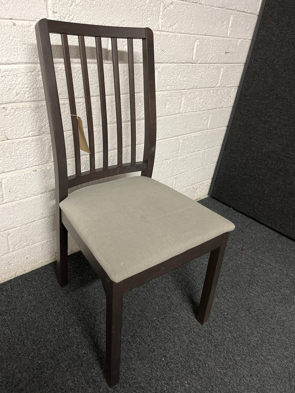 Solid wood stained high back dining chair with grey fabric seat 1225
