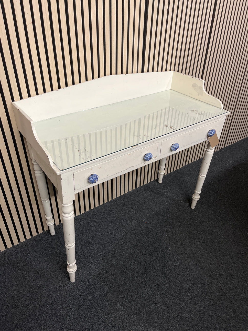 Solid wood white painted 2 drawer bedroom dressing table with glass top (H 95 x W 108 x D 50 cm) 44294
