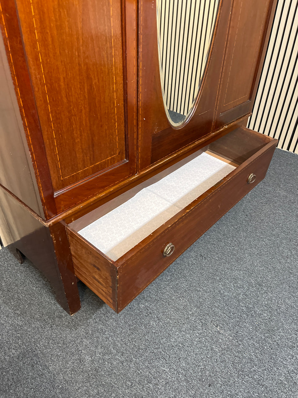 Antique mahogany large wardrobe central oval mirror with base drawer 2425