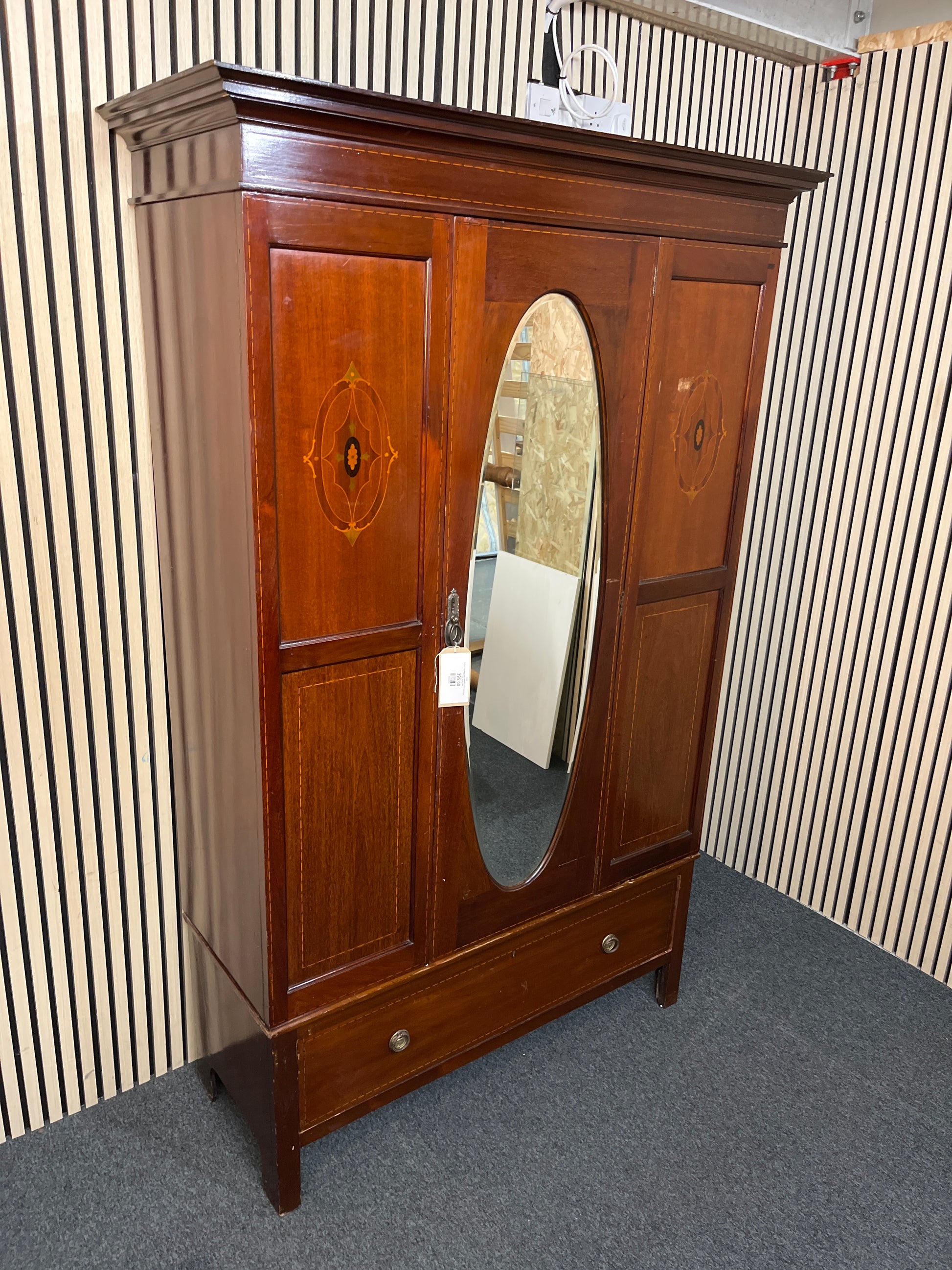 Antique mahogany large wardrobe central oval mirror with base drawer 2425