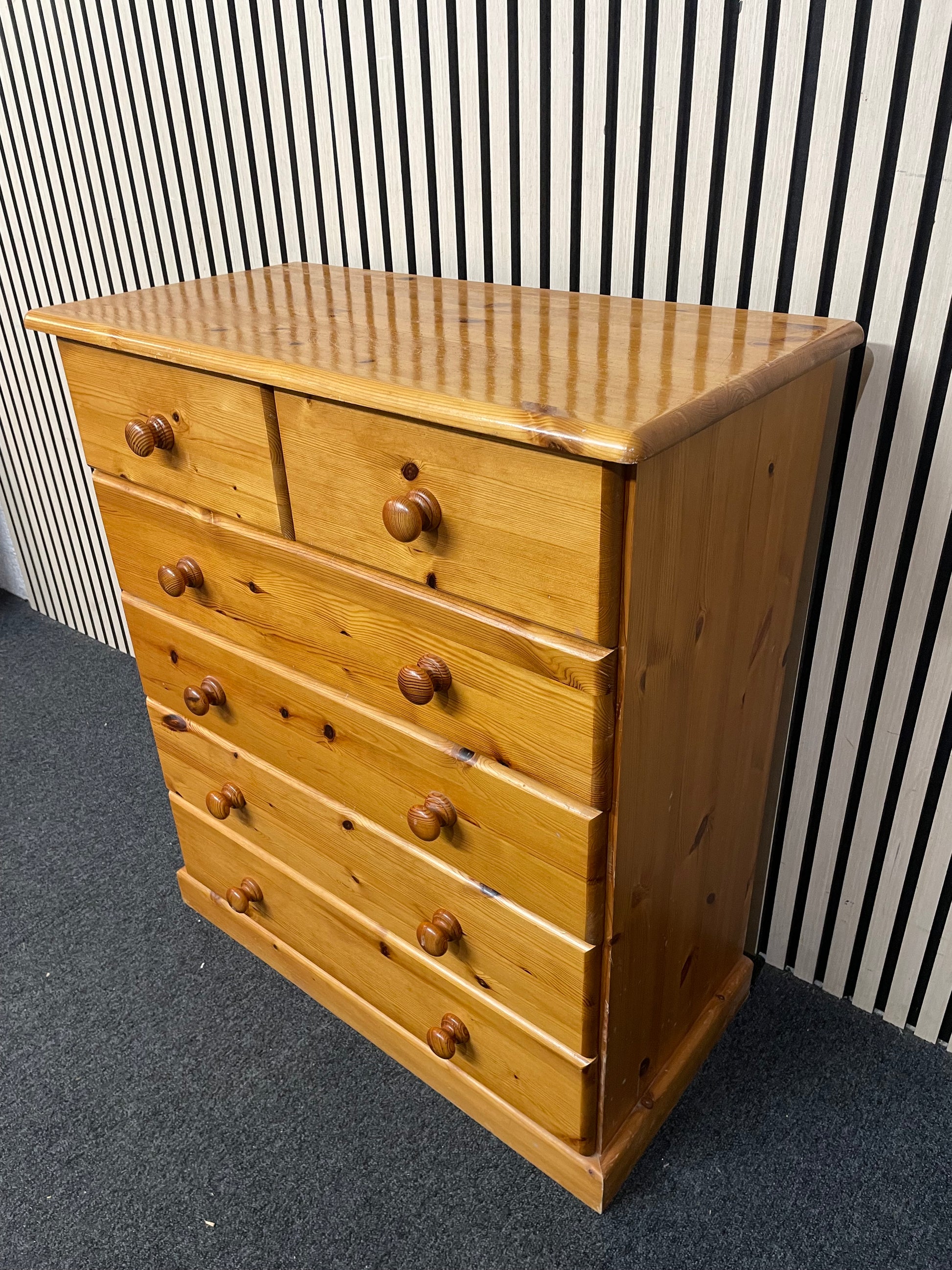 Tall 3+2 solid pine chest of drawers, dark wood stain (H 89 x W 78 x D 40 cm) 1126