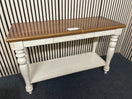 Rectangular console table with wood top and white turned legs. 44521