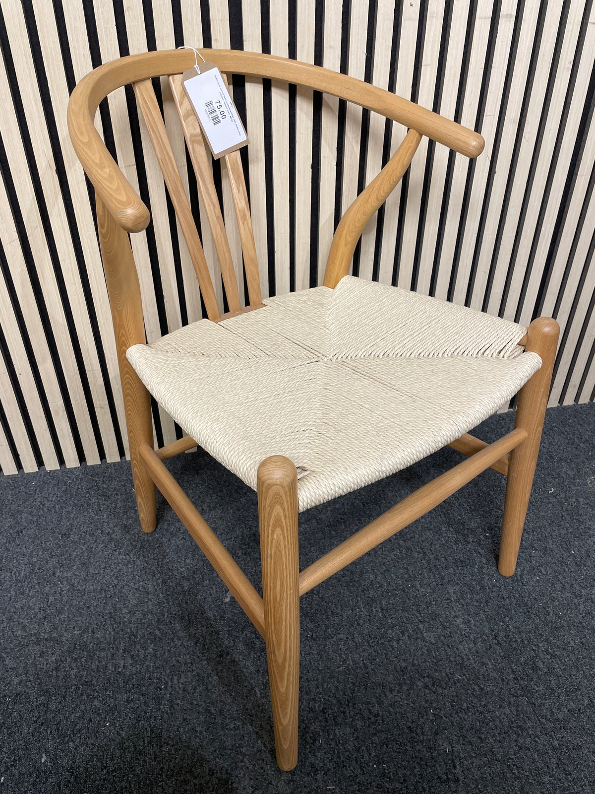 Solid wood curved back occasional chair with wicker seat cushion, natural stain 44432