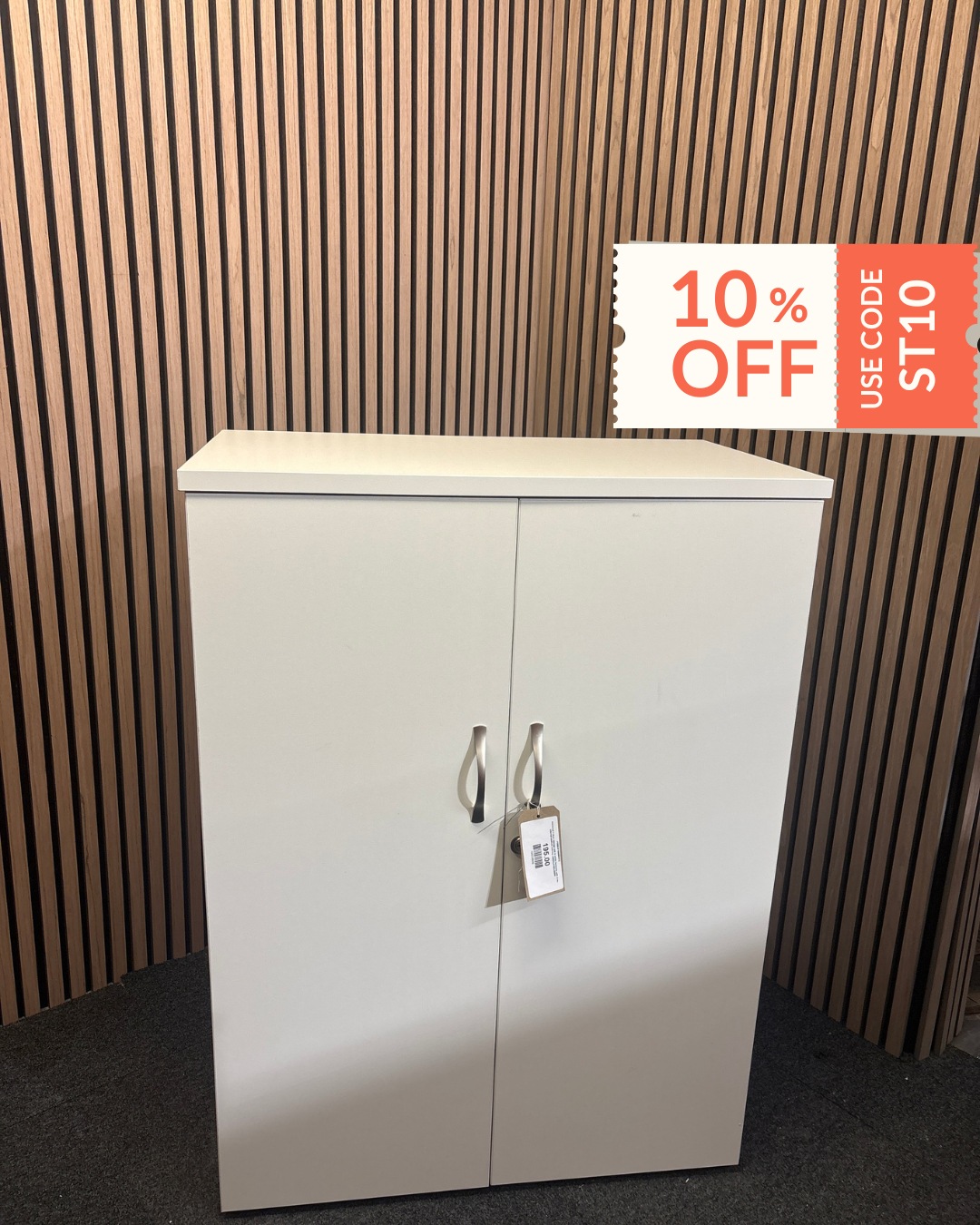 Universal 2 door storage unit in white laminate with 2 no. internal shelves and key 1090Hx470Dx800W