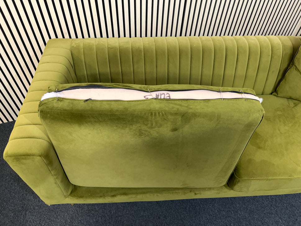 Modern olive green velvet sofa with vertical channel tufting, 2 seat cushions and slim black legs assencted with gold tips( W x 197 L x 81 H x 73 cm)