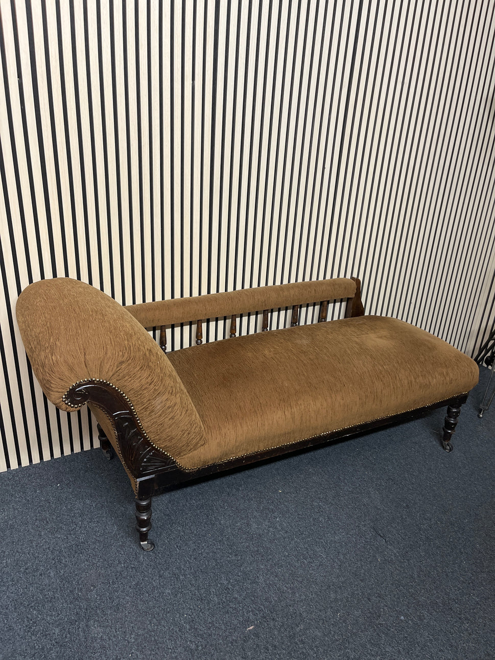 Brown fabric antique chaise lounge, solid wood frame 2325