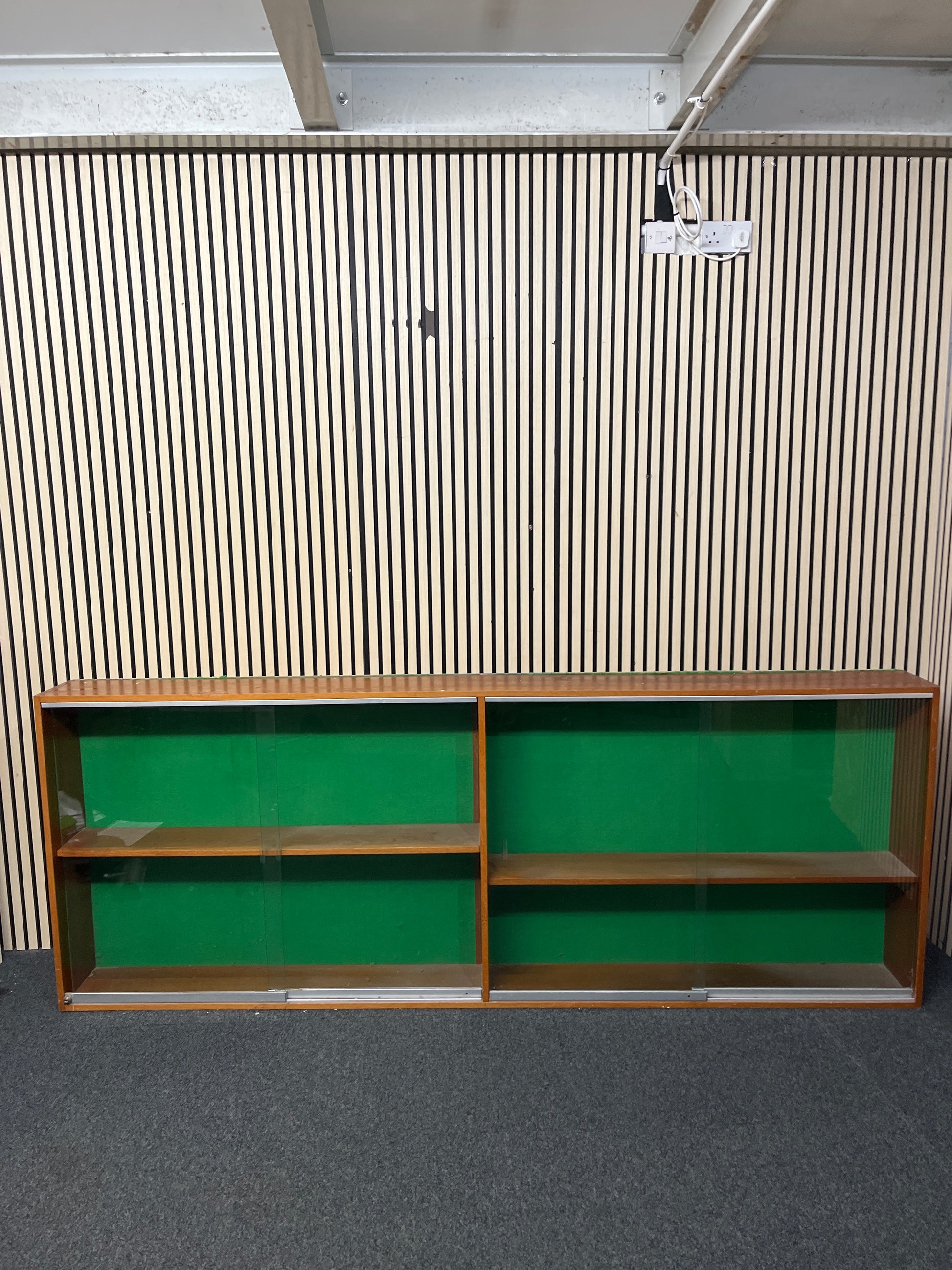 Large teak framed wall mounted glass display unit (H 92 x W 234 x D 24 cm)