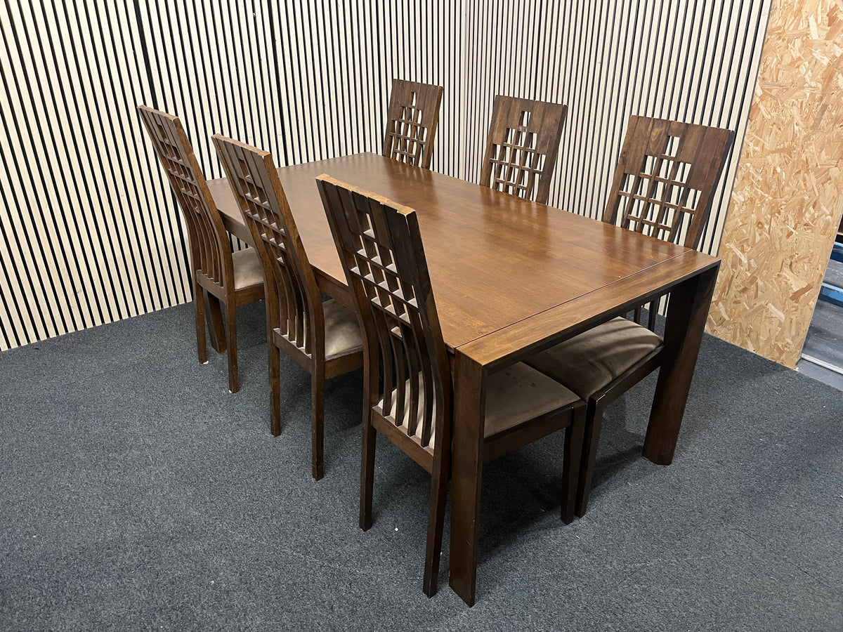 Dark wood laminate dining table (W 90 x L 180 cm) with 6 matching high back dining chairs 44387