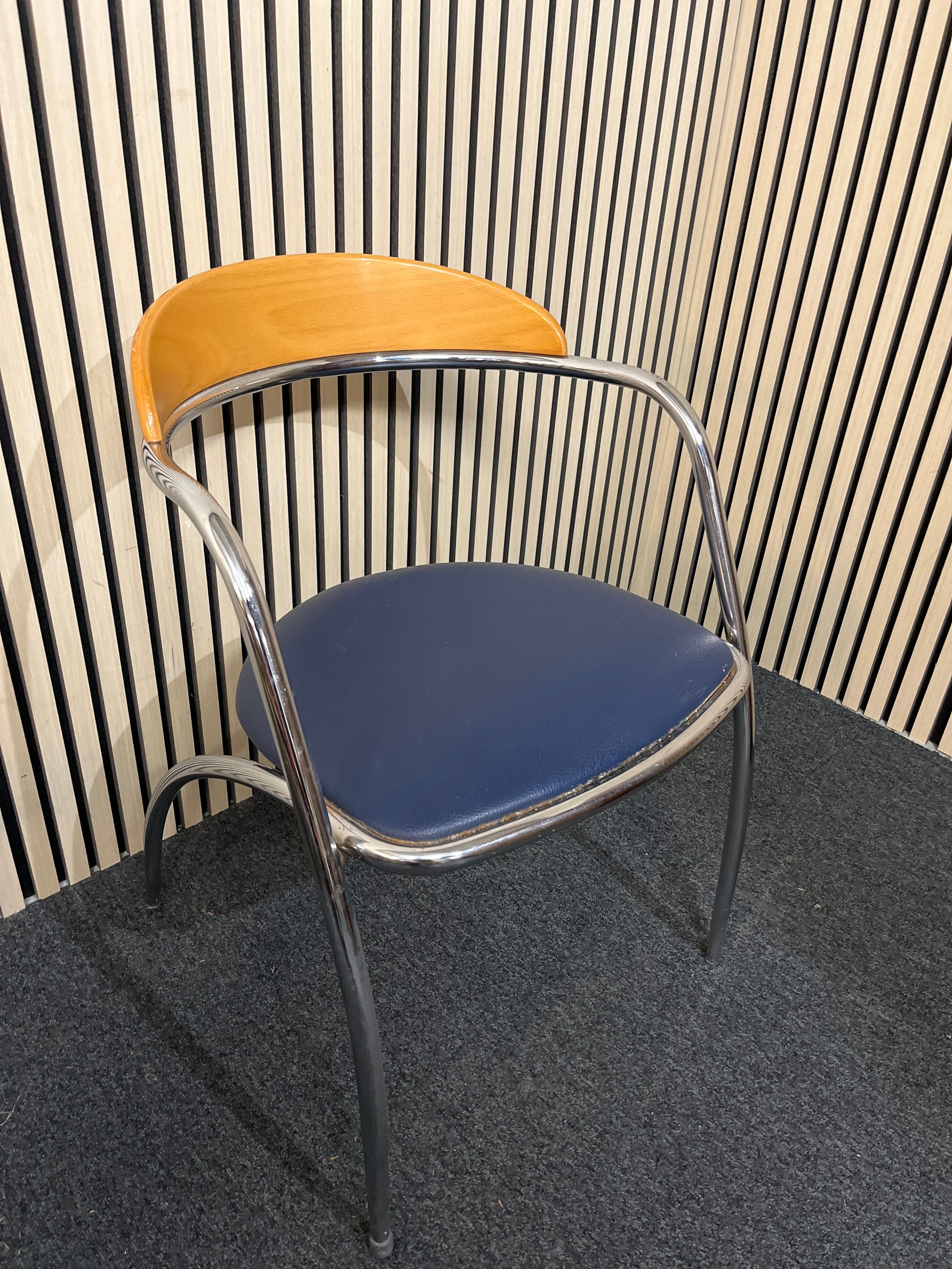 Chrome framed, beech curved back, navy vinyl seat fabric stacking chair 1425