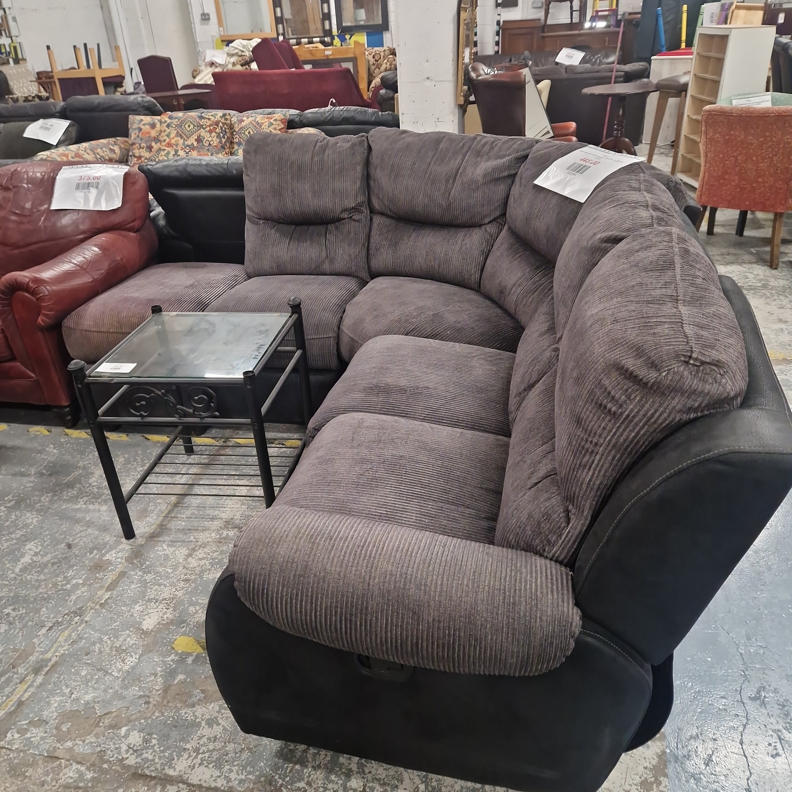 Black and grey suede recliner sofa suite cw ottoman CJM Furniture