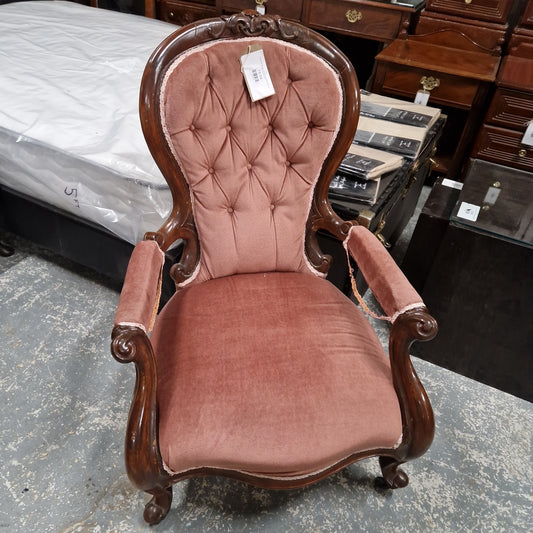 Ornate solid mahogany curved back occasional bedroom chair, pink mix fabric