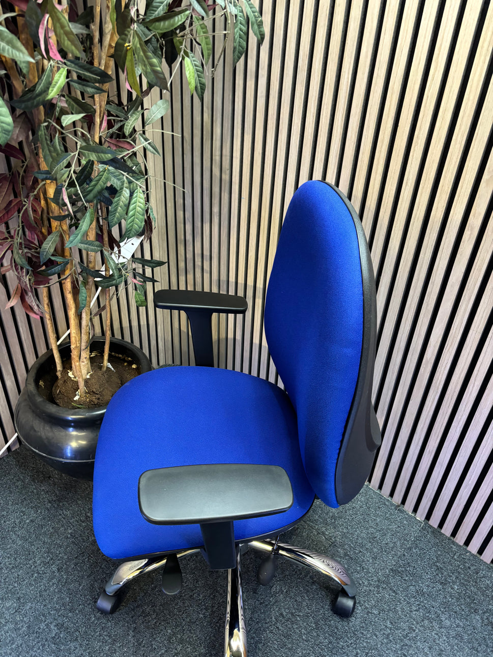 Jota high back ergonomic swivel chair with height adjustable arms and polished chome base in BLUE fabric. Price inc VAT