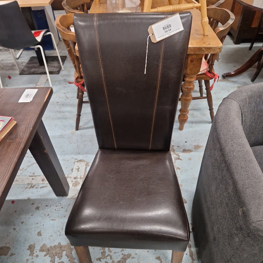 High back brown leatherette dining chair, solid wood legs