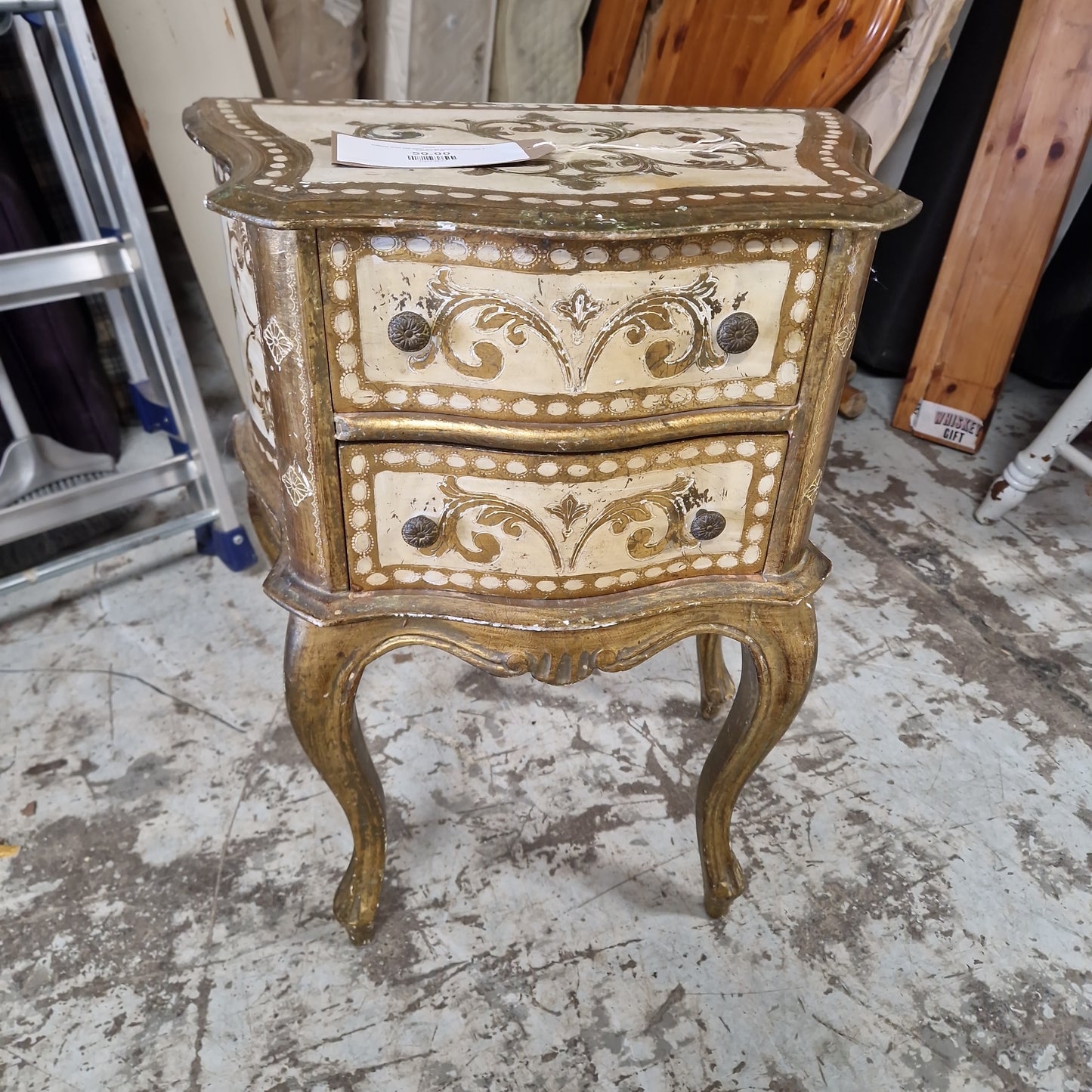 Antique Gold and white ornate bedside table with 2 drawers 3124