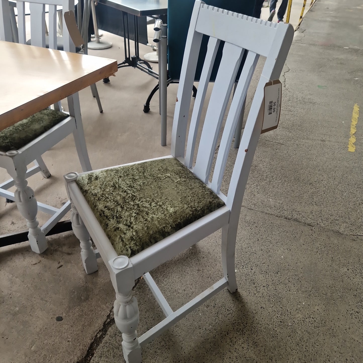 Solid wood white pained ornate dining chair with green crushed velvet seat fabric