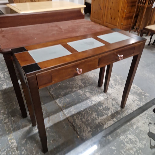 Tall 2 drawer dark wood stained glass top console table
