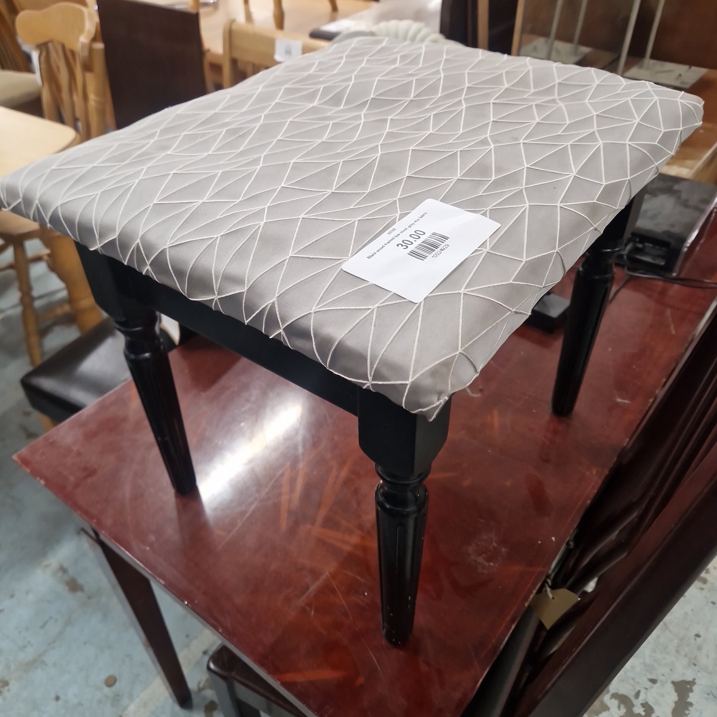 Black wood framed low stool, grey mix fabric