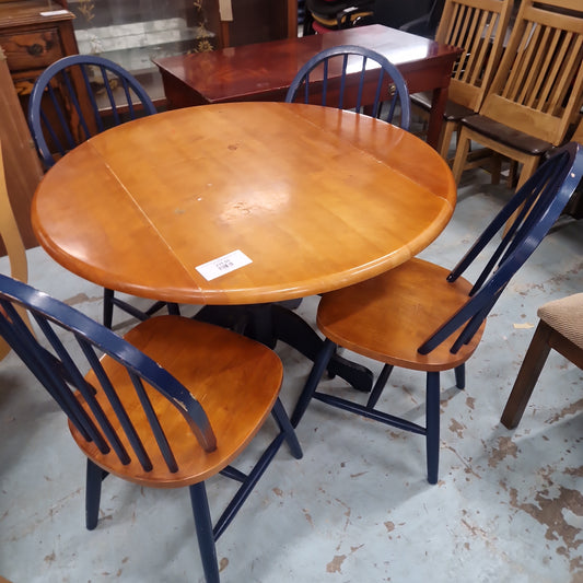 Blue painted base oak extendable drop leaf table comes with 4 matching chairs