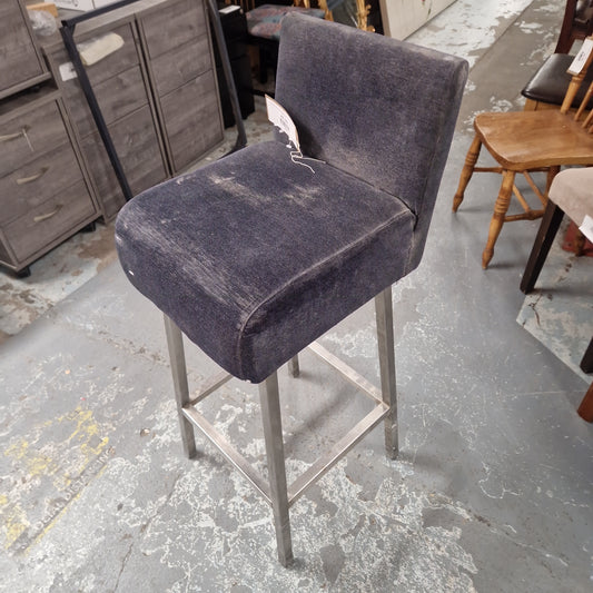 Tall grey fabric high back bar stool with back, polished metal base