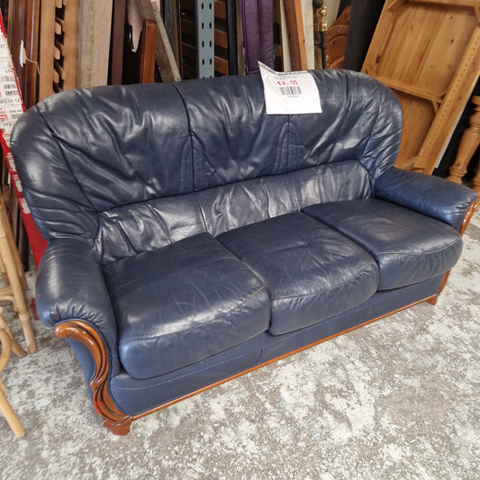 3 seater BLUE leather sofa