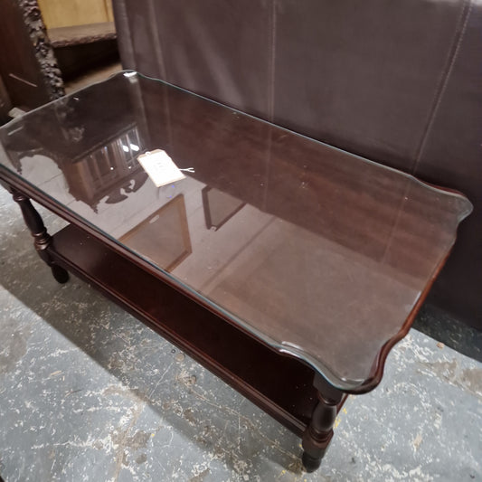 Glass top ornate mahogany coffee table rectangular