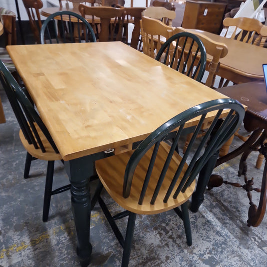 Hardwood oval drop leaf kitchen table with green legs and 4 no. matching chairs