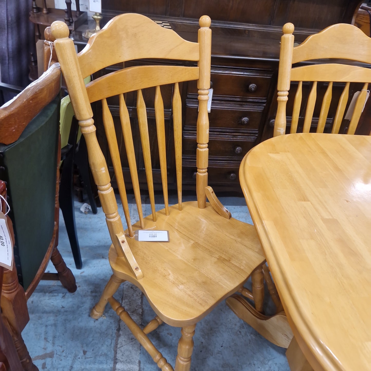Hardwood D end extendable kitchen table, central base with 6 no. matching solid wood chairs