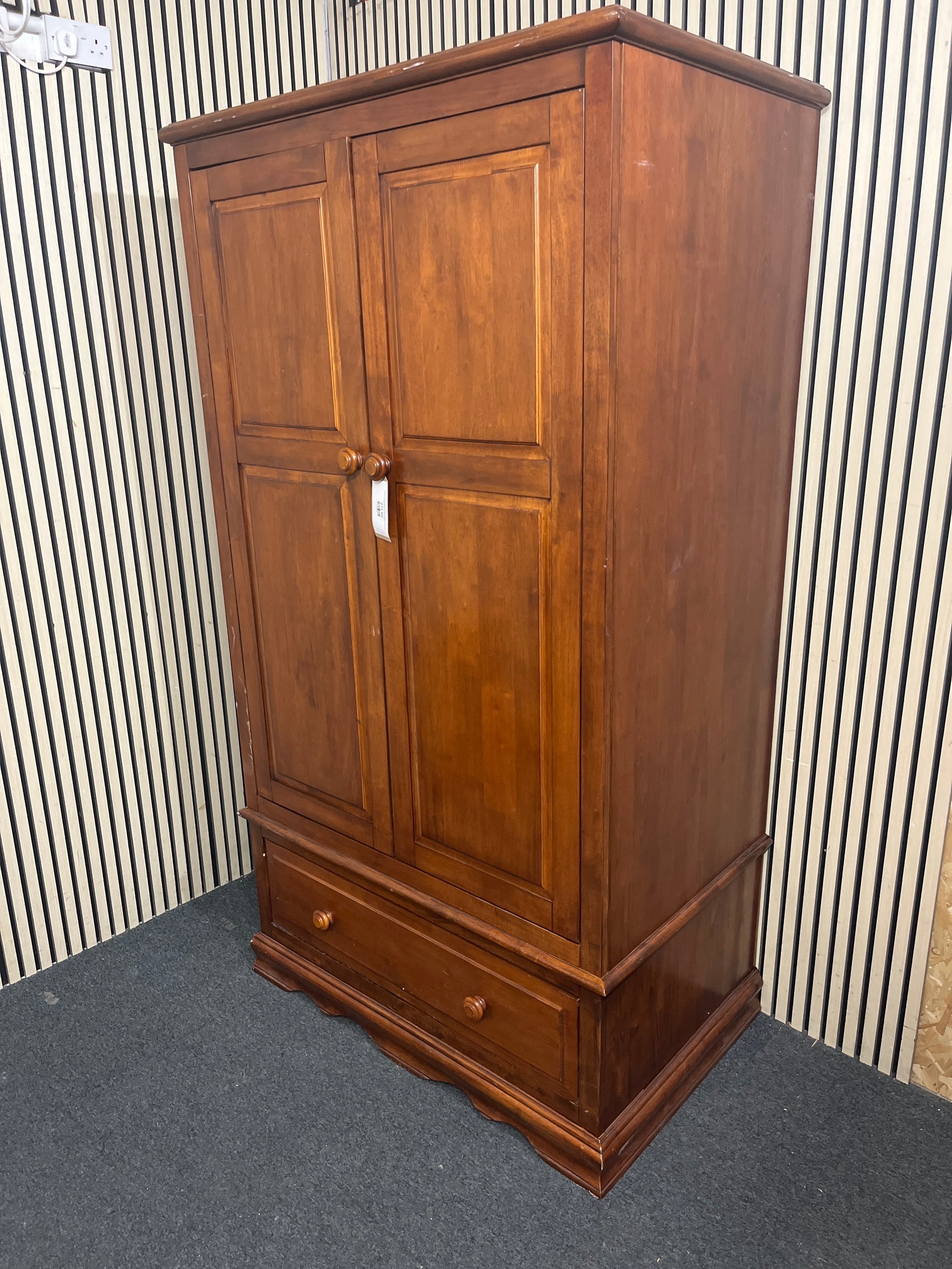 Tall dark stained solid pine 2 door 1 drawer wardrobe (H 195 x W 107 x D 67 cm) 43813