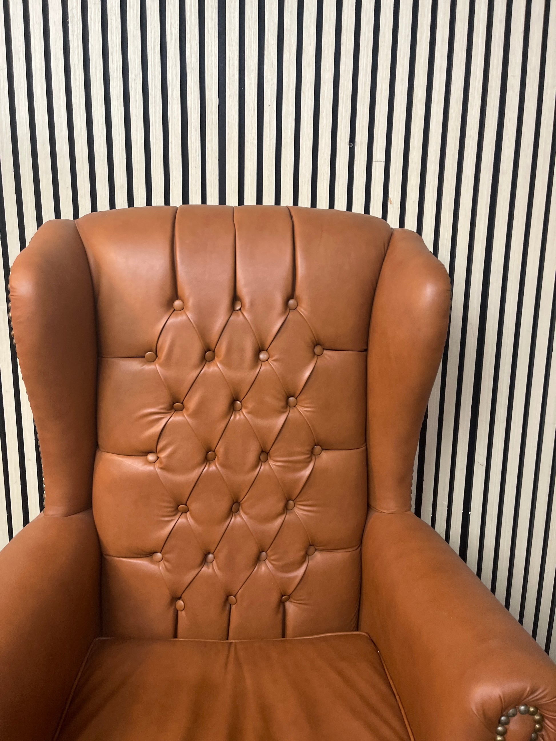 High back wing armchairs in tan leather with solid wood frame 43713