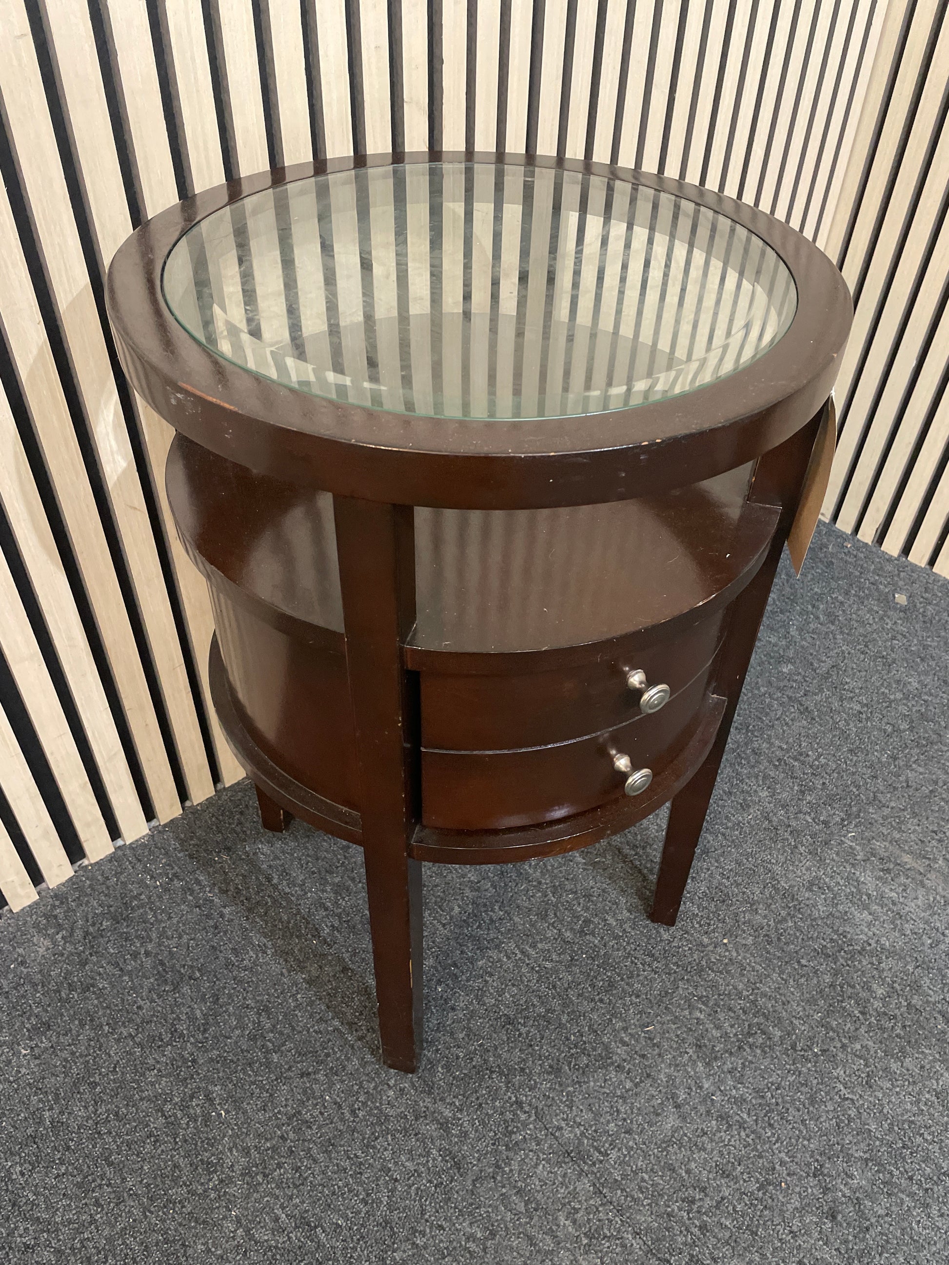 Ornate dark wood stained glass top two-drawer circular lamp table (H 69 x diameter 49 cm) 3126