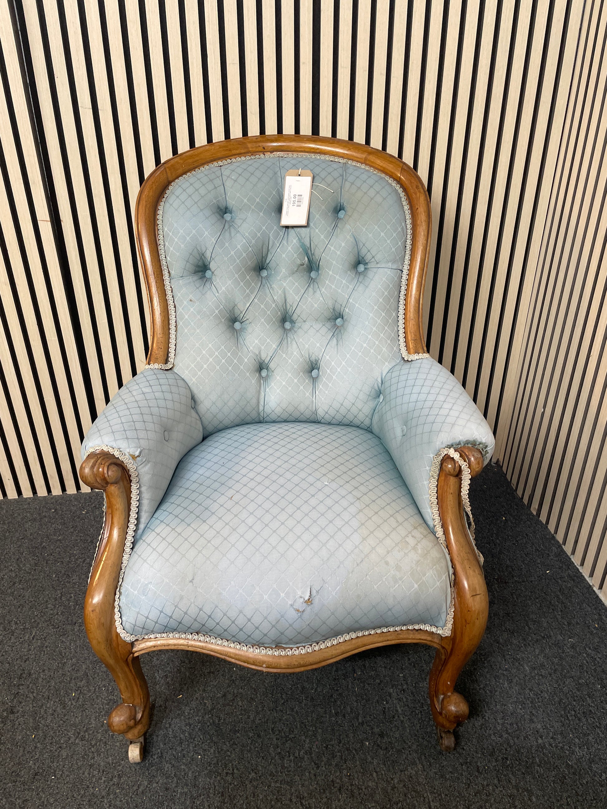 Antique ornate solid dark wood framed spoon back armchair on castors with pastel green fabric (upcycle project) 2425