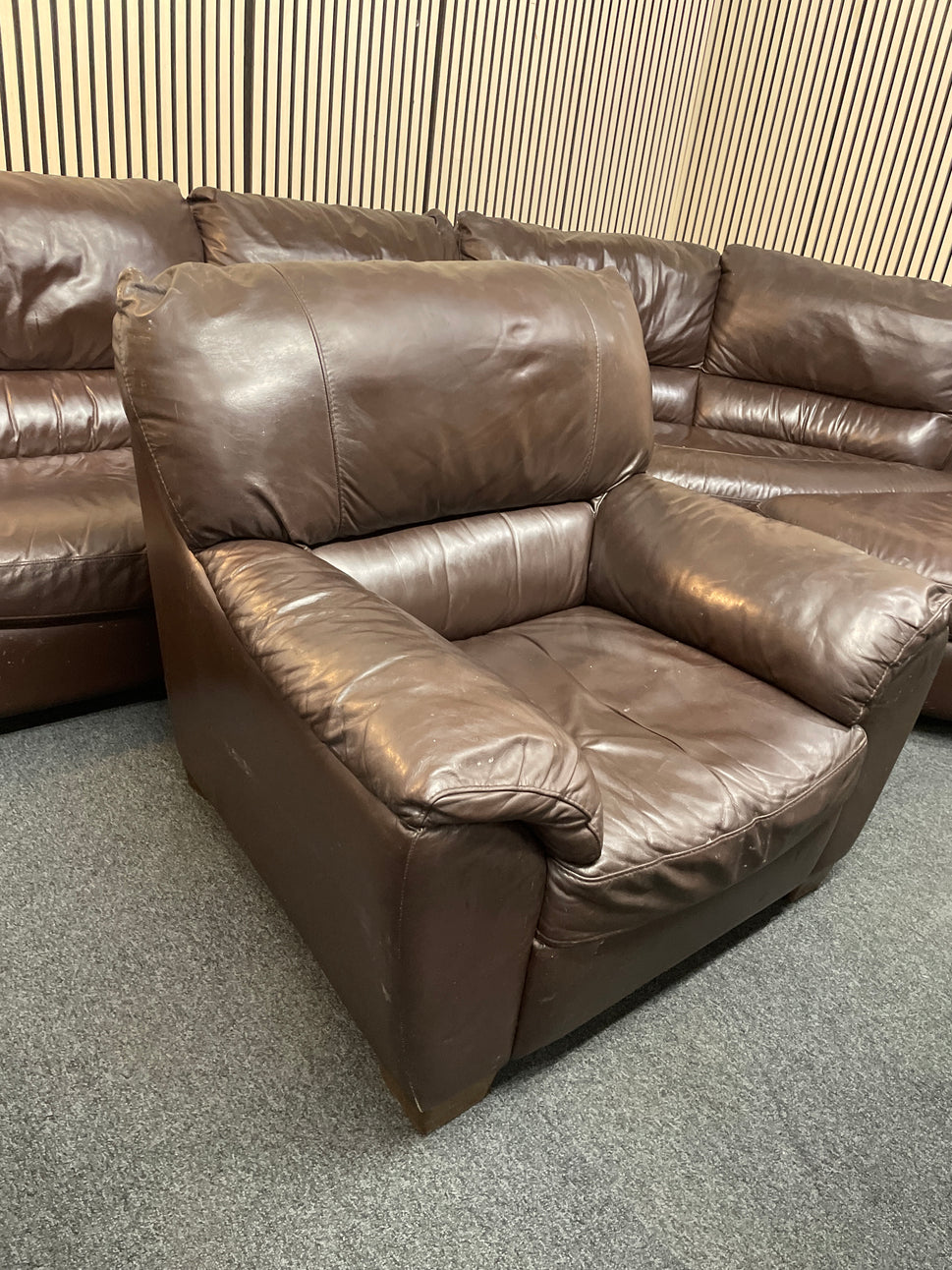 Large Brown Leather Corner Sofa with Poof and Single Armchair included 3126
