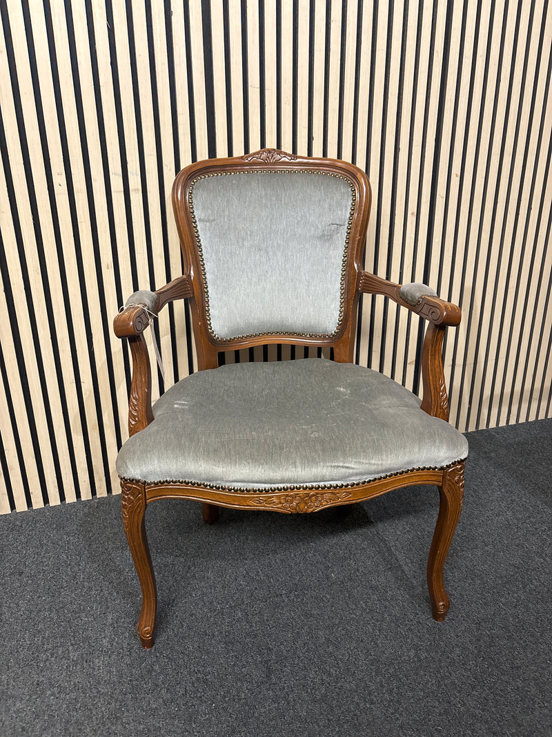 Italian Limogue Carved wooden armchair with grey fabric upholstery and stud detailing - Upcyling project 44729