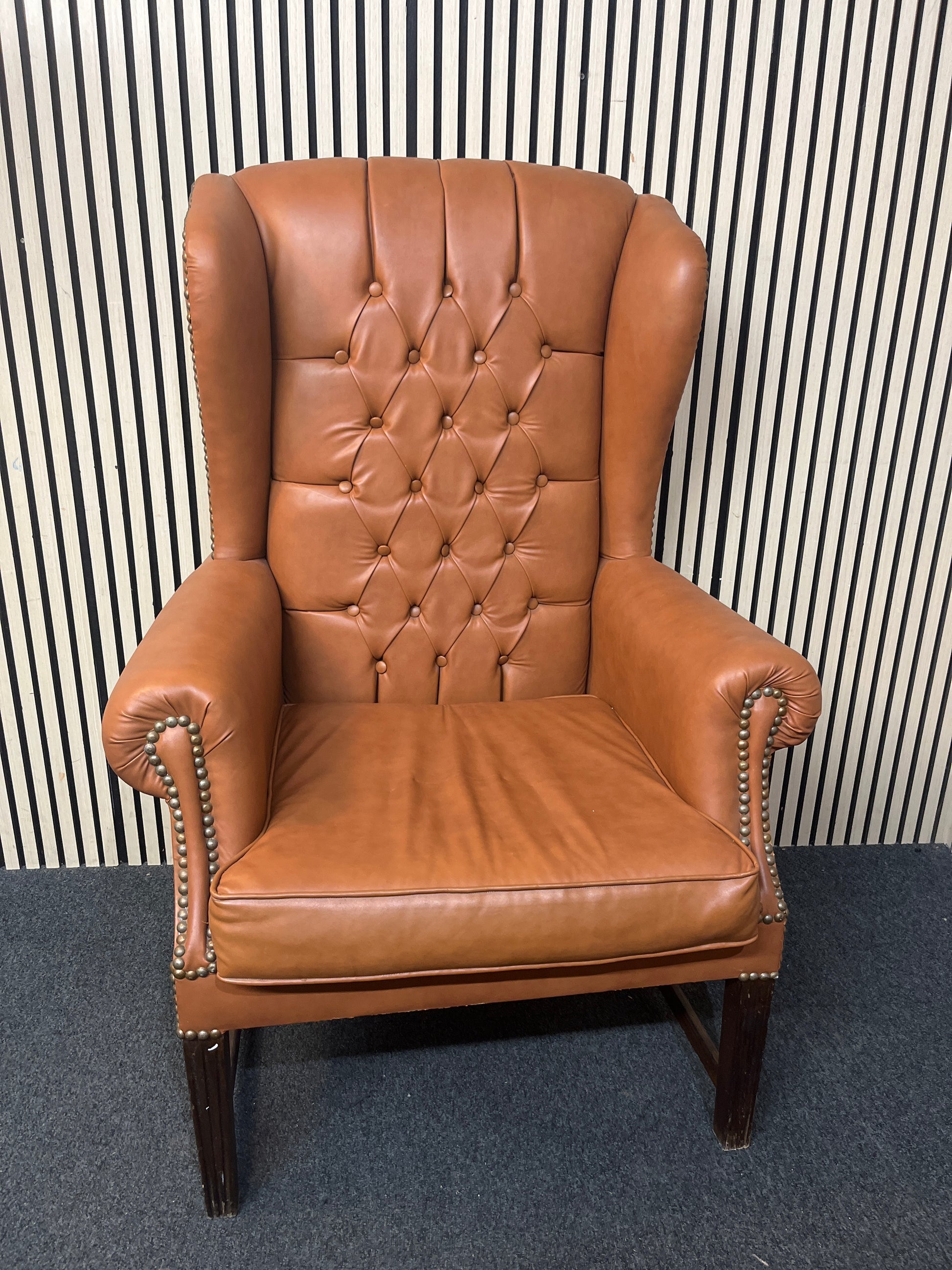 High back wing armchairs in tan leather with solid wood frame 43713