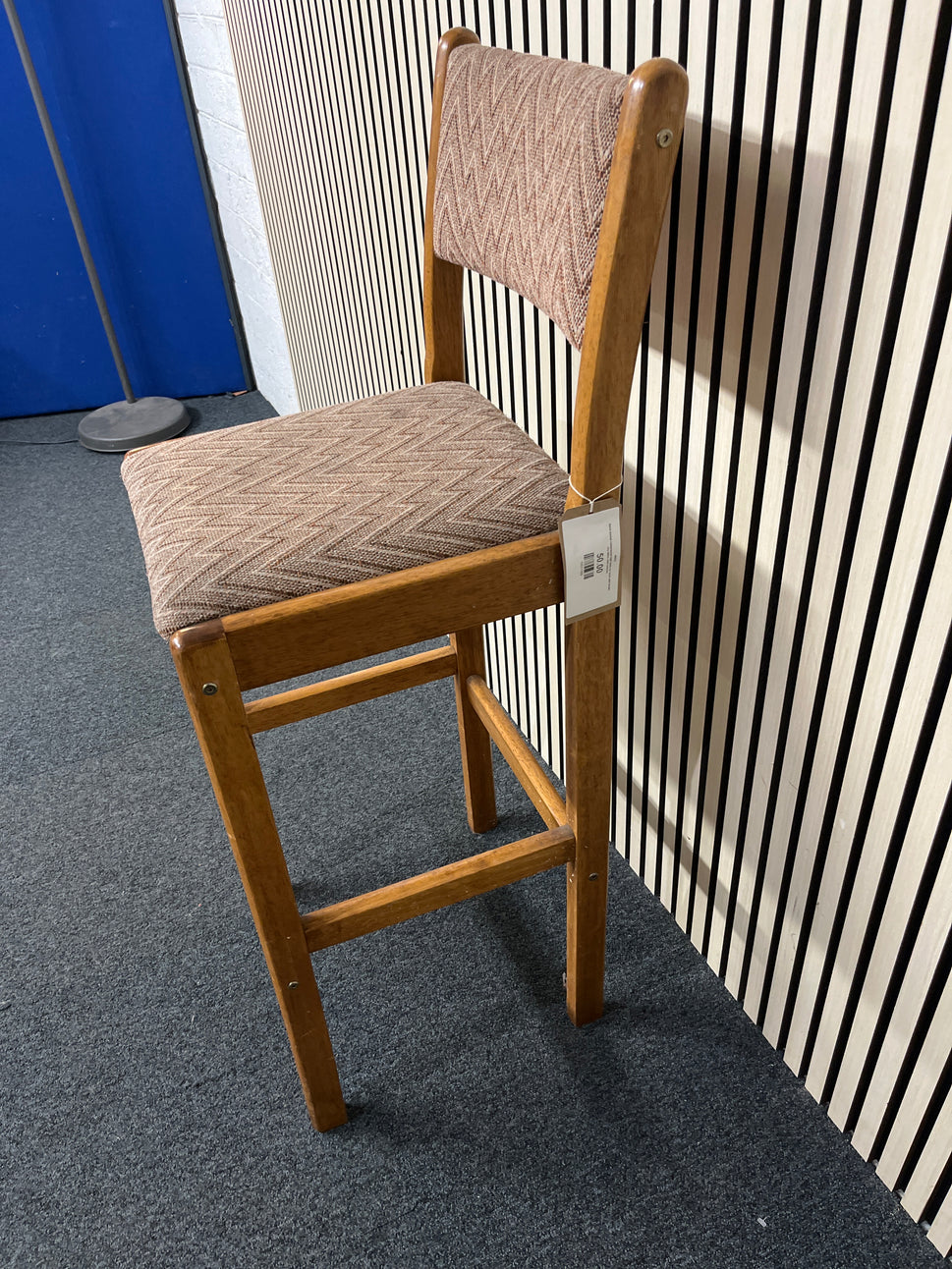 Solid stained rubberwood high back bar stool with brown mix fabric seat cushion