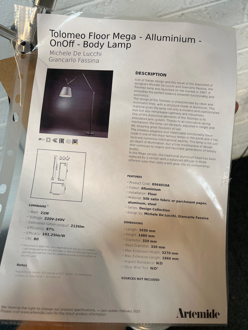 Artemide Tolomeo Mega floor lamp, 42cm aluminum parchment standard lamp. A real design classic, RRP 1000Euro. CJM Price 350Euro. 3 no. in Stock 1325
