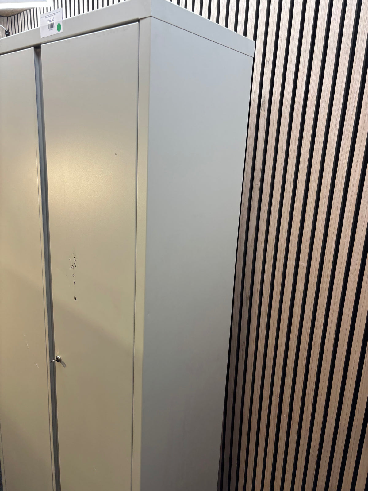 Tall 2 door grey metal storage uniit with key and internal shelves 910Wx40Dx195H J3937