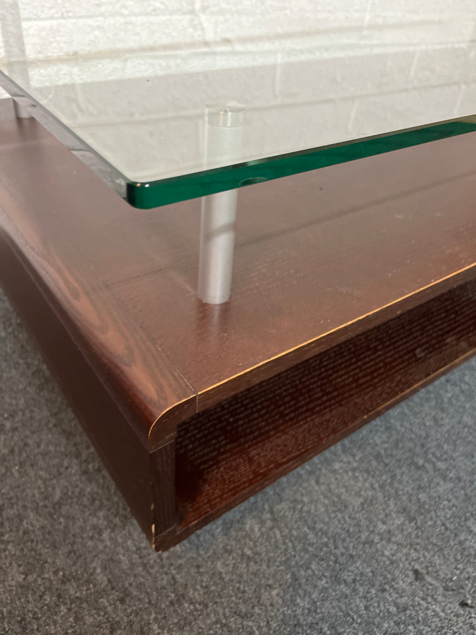 Modern dark wood laminate coffee table with glass top 1325