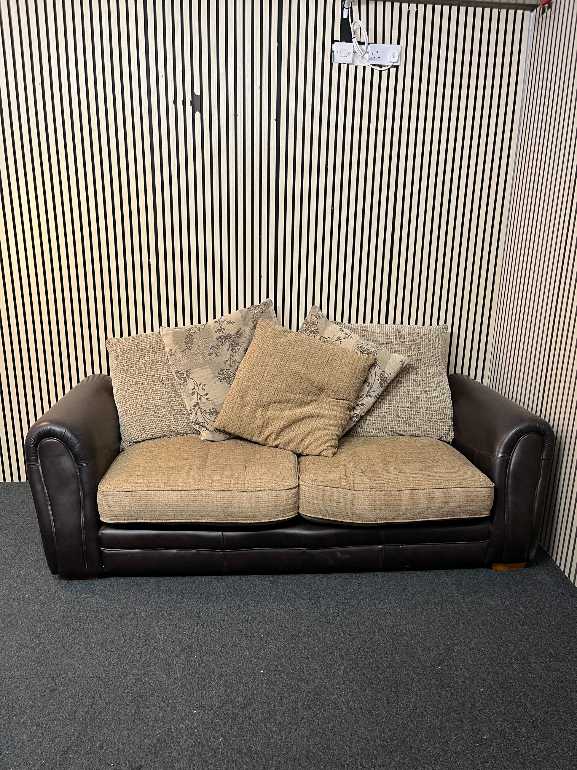 2 Seater sofa brown leatherette framed, brown mix fabric cushions
WAS €195 1126
