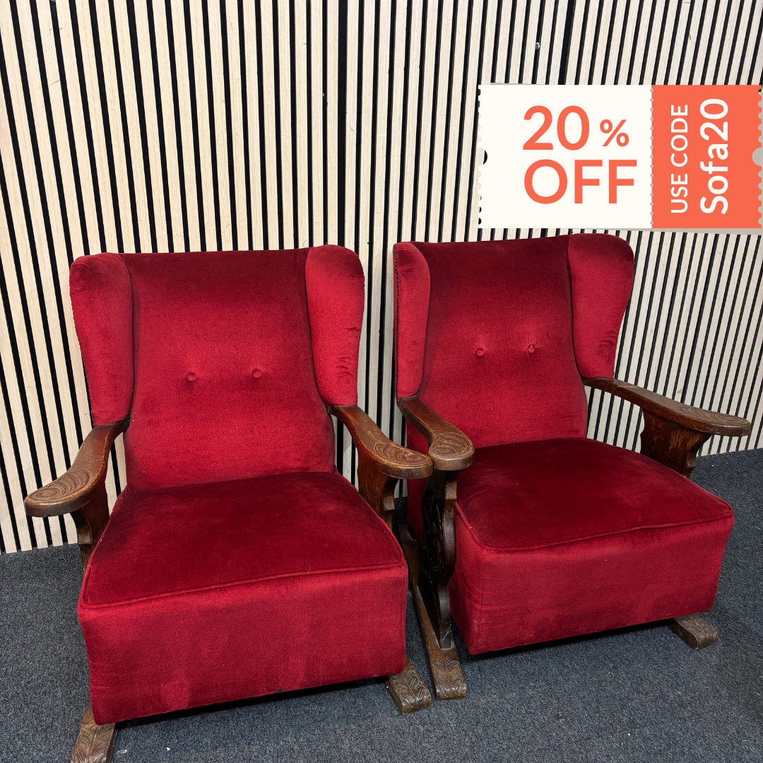 Bright red fabric solid dark wood framed wingback armchair 43634